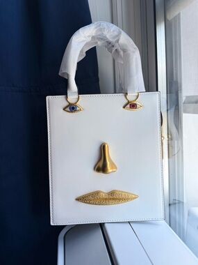 Schiaparelli Inspired White Face Motif Tote Bag with Gold Accents